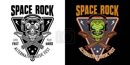 Illustration for Rock music festival vector emblem, label, badge or logo with alien head and crossed guitar necks. Two styles black on white and colorful on dark background - Royalty Free Image