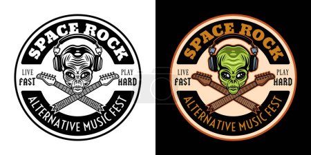 Illustration for Rock music festival vector round emblem, label, badge or logo with alien head in headphones and two guitar necks. Two styles black on white and colorful on dark background - Royalty Free Image