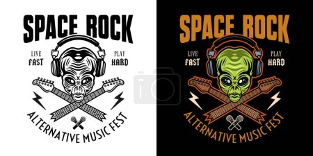 Téléchargez les illustrations : Space rock festival vecteur emblème, label, badge ou logo avec tête extraterrestre et cous de guitare croisés. Deux styles noir sur blanc et coloré sur fond sombre - en licence libre de droit