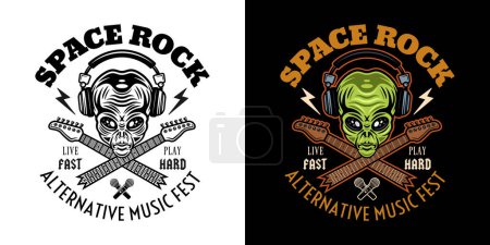 Illustration for Rock music festival vector emblem, label, badge or logo with alien head in headphones and two crossed broken guitar necks. Two styles black on white and colored on dark background vector illustration - Royalty Free Image