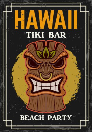 Téléchargez les photos : Tiki tête vintage affiche colorée avec traditionnelle hawaïenne tribale masque en bois vecteur illustration décorative. Textures et texte superposés et séparés - en image libre de droit