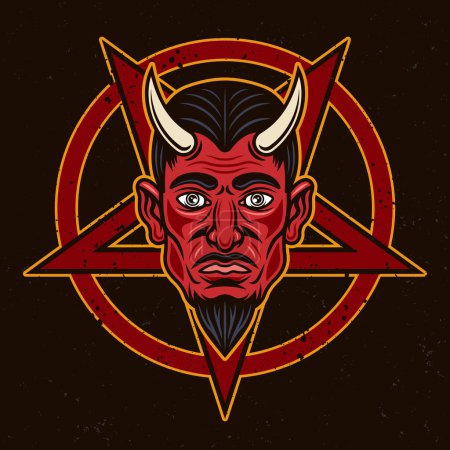 Illustration for Devil head with horns and pentagram upside down star vector illustration in colored style on dark background - Royalty Free Image
