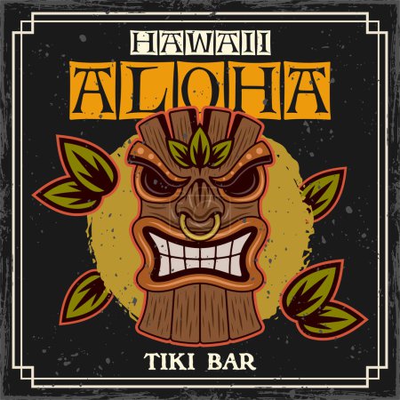Illustration for Tiki mask hawaiian wooden tribal idol vector colored decorative illustration in vintage style with text and textures on separate layers - Royalty Free Image