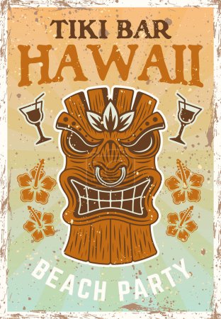 Téléchargez les illustrations : Poster vintage couleur tête de tiki hawaïen avec masque tribal traditionnel en bois, texte échantillon et textures grunge sur des couches séparées illustration vectorielle - en licence libre de droit