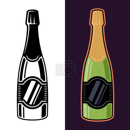 Téléchargez les illustrations : Champagne bottle vector objects in two styles black on white and colorful on dark background - en licence libre de droit