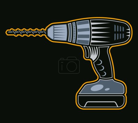 Ilustración de Electric drill vector illustration in colored style on dark background - Imagen libre de derechos