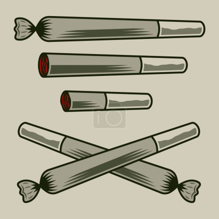 Marihuana-Rolljoints oder Zigaretten mit Drogen-Set aus vektorfarbenen Objekten oder Designelementen auf hellem Hintergrund