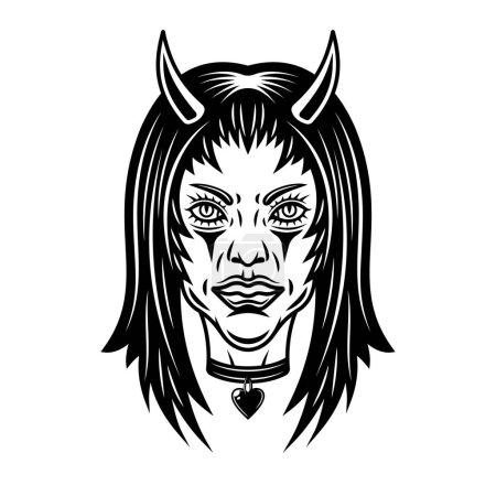 Téléchargez les illustrations : Devil girl head with horns vector monochrome illustration in vintage style isolated on white - en licence libre de droit