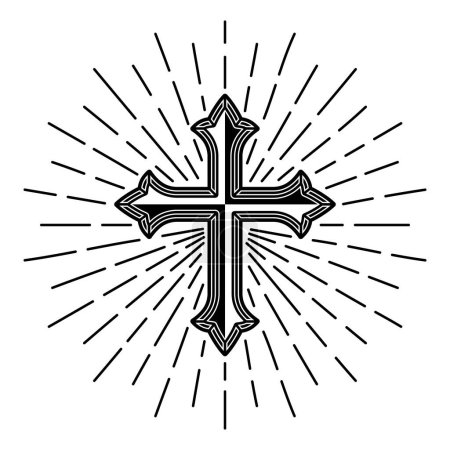 Ilustración de Cross with rays, religion sign tattoo style vector illustration isolated on white - Imagen libre de derechos