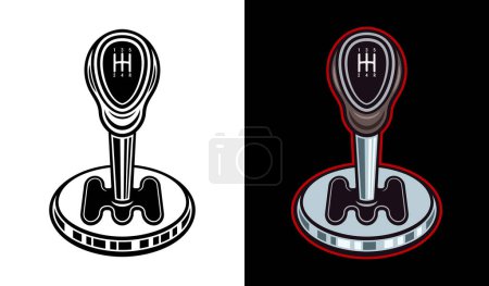 Ilustración de Car transmission, gear lever stick, automobile part vector illustration in two styles black on white and colored on dark background - Imagen libre de derechos