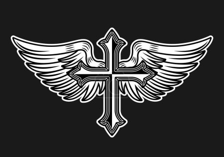 Ilustración de Cross with angel wings tattoo style, religion sign vector illustration on black background - Imagen libre de derechos