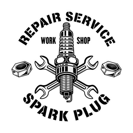 Illustration for Spark plug and wrenches vector emblem, logo, badge, label, sticker in monochrome style isolated on white - Royalty Free Image