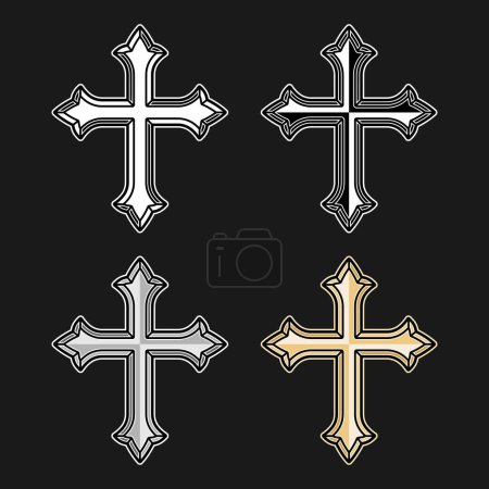 Illustration for Crosses set of of four christian religion signs, church symbols on dark background - Royalty Free Image