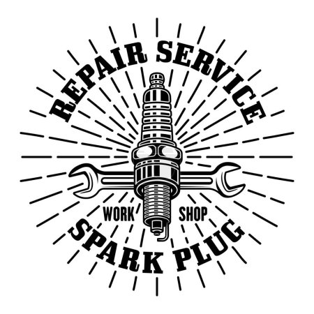 Illustration for Spark plug and wrench with rays vector emblem, logo, badge, label, sticker in monochrome style isolated on white - Royalty Free Image