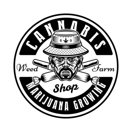 Ilustración de Stoner head in bucket hat and two crossed weed joints vector emblem, badge, label or logo. Illustration in vintage monochrome style isolated on white - Imagen libre de derechos