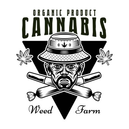 Ilustración de Marijuana growing vector emblem, badge, label or logo with stoner head in bucket hat and two crossed weed joints. Illustration in vintage monochrome style isolated on white - Imagen libre de derechos