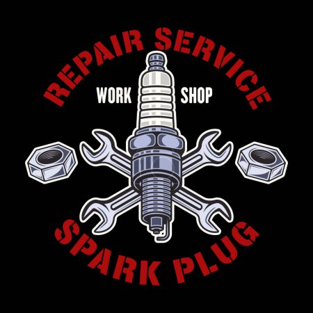 Illustration for Spark plug and wrenches vector emblem, logo, badge, label, sticker in colorful vintage style on dark background - Royalty Free Image