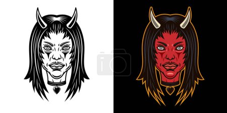 Téléchargez les illustrations : Devil girl head with horns in two styles black on white and colored on dark background vector illustration - en licence libre de droit