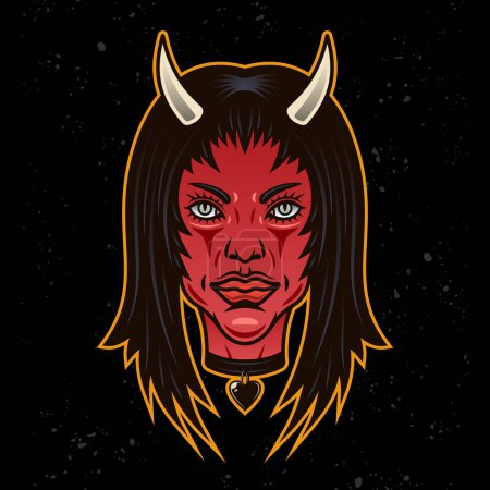 Téléchargez les illustrations : Devil girl head with horns colorful illustration in cartoon style isolated on dark background - en licence libre de droit