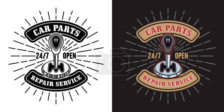 Illustration for Car repair service emblem, logo, label, badge with car transmission, gear lever stick vector illustration in two styles black on white and colored on dark background - Royalty Free Image
