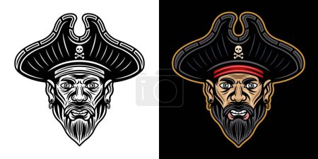 Ilustración de Pirate head with beard vector illustration in two styles black on white and colored on dark background - Imagen libre de derechos