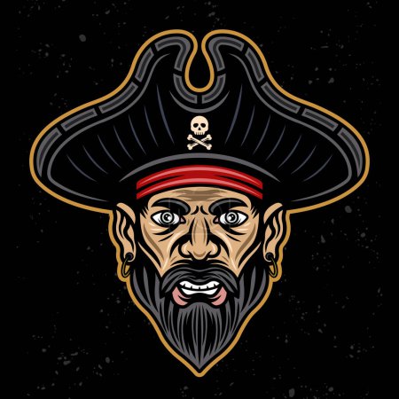 Ilustración de Pirate head with beard vector illustration in colorful style isolated on dark background - Imagen libre de derechos