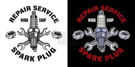 Illustration for Spark plug and wrenches vector emblem, logo, badge, label, sticker in two styles black on white and colored on dark background - Royalty Free Image