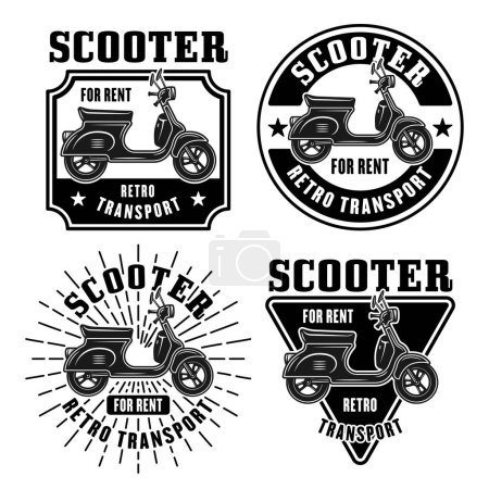 Ilustración de Scooter for rent set of vector emblems, logos, badges or labels in vintage monochrome style isolated on white - Imagen libre de derechos