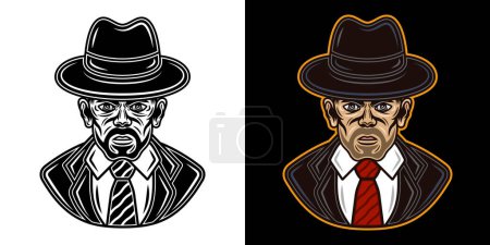 Illustration for Detective man in fedora hat in suit two styles black on white and colored on dark background vector illustration - Royalty Free Image