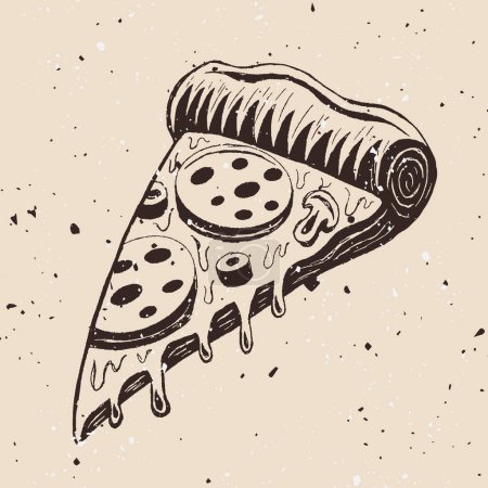 Téléchargez les illustrations : Pizza slice vector illustration in hand drawn vintage style on background with grunge textures - en licence libre de droit