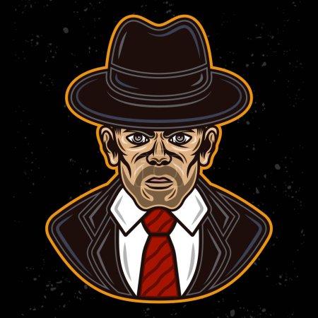 Téléchargez les illustrations : Detective man in fedora hat in suit character colored vector illustration in cartoon style isolated on dark background - en licence libre de droit