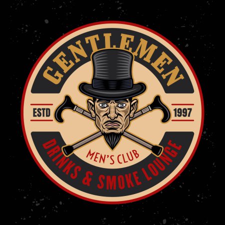 Ilustración de Gentlemen club vector round emblem, logo, badge or label in cartoon colorful style on dark background - Imagen libre de derechos