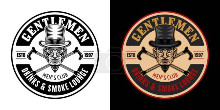 Ilustración de Gentlemen club vector round emblem, logo, badge or label in two styles black on white and colorful on dark background - Imagen libre de derechos