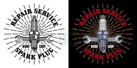Illustration for Spark plug and wrench with rays vector emblem, logo, badge, label, sticker in two styles black on white and colored on dark background - Royalty Free Image