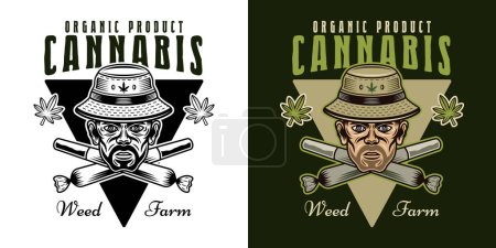 Ilustración de Marijuana growing vector emblem, badge, label or logo with stoner head in bucket hat and two crossed weed joints two styles black on white and colored on dark background - Imagen libre de derechos