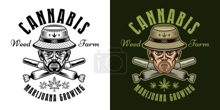 Ilustración de Marijuana growing vector emblem, badge, label or logo with stoner head in bucket hat and two crossed weed joints two styles black on white and colored on dark background - Imagen libre de derechos