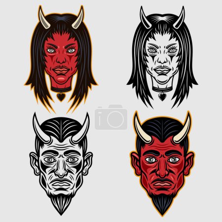Ilustración de Devil girl and men heads set of vector characters in two styles colorful and black and white - Imagen libre de derechos