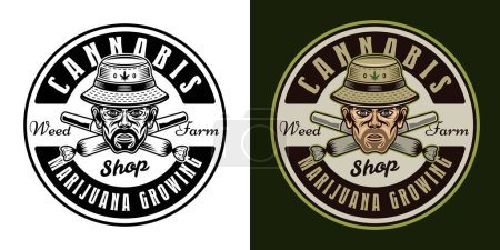 Ilustración de Stoner head in bucket hat and two crossed weed joints vector emblem, badge, label or logo in two styles black on white and colored on dark background - Imagen libre de derechos