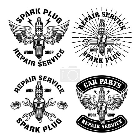 Illustration for Spark plug with wings, car repair service set of four vector emblems, logos, badges, labels, stickers in monochrome style isolated on white - Royalty Free Image