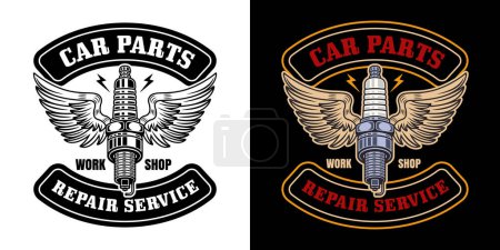 Téléchargez les illustrations : Spark plug with wings vector emblem, logo, badge, label, sticker in two styles black on white and colored on dark background - en licence libre de droit