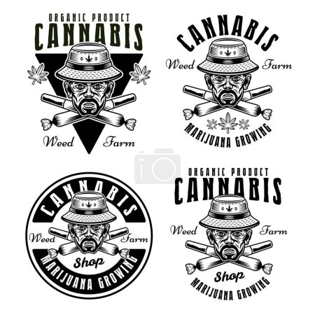 Ilustración de Marijuana growing set of four vector emblems, badges, labels or logos. Illustration in vintage monochrome style isolated on white - Imagen libre de derechos