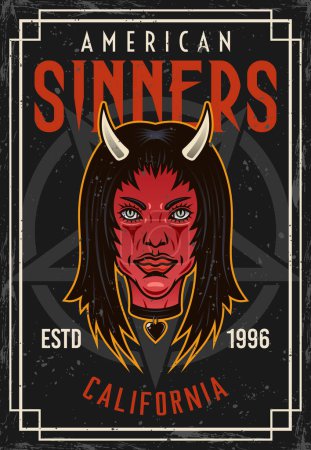 Ilustración de Devil girl head vintage colored poster with text american sinners. Vector decorative placard illustration - Imagen libre de derechos