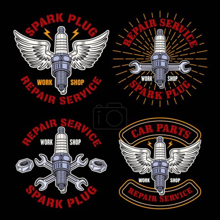 Illustration for Car repair service, spark plug with wings set of four vector emblems, logos, badges, labels, stickers in colorful vintage style on dark background - Royalty Free Image