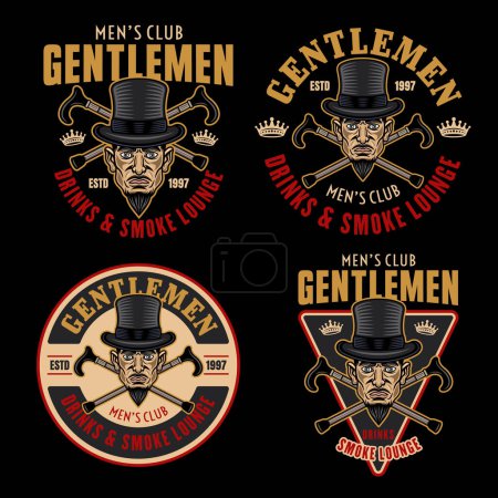 Ilustración de Gentlemen club vector set of emblem, logo, badge or label in cartoon colored style on dark background - Imagen libre de derechos