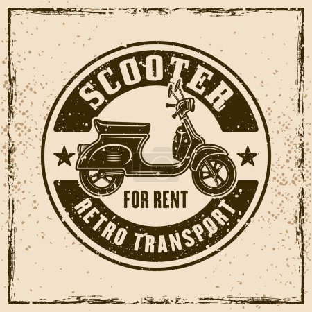 Illustration for Scooter for rent vector round emblem, logo, badge or label in vintage style on background with textures - Royalty Free Image
