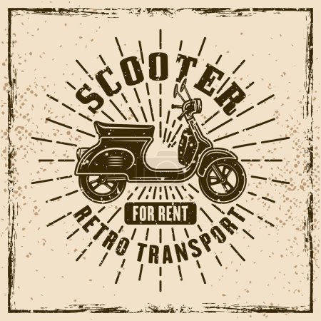 Téléchargez les illustrations : Scooter for rent vector emblem, logo, badge or label with rays in vintage style on background with textures - en licence libre de droit