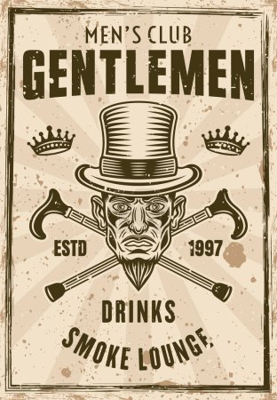 Illustration for Gentlemen club vintage poster with with men in cylinder hat and two crossed canes vector illustration. Layered, separate texture and text - Royalty Free Image