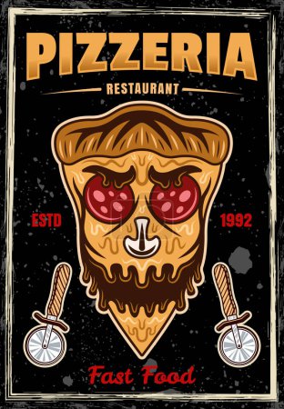 Téléchargez les illustrations : Pizzeria vintage colored poster with monster pizza piece. Vector illustration with textures and text on separate layers - en licence libre de droit