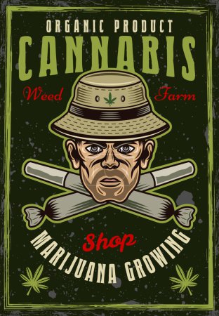 Téléchargez les illustrations : Stoner men head in bucket hat and crossed rolled blunts vintage colored decorative poster for marijuana growing company. Vector illustration with textures and text on separate layers - en licence libre de droit
