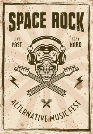 Ilustración de Rock music festival vintage poster with alien head in headphones and two crossed broken guitar necks vector illustration. Layered, separate texture and text - Imagen libre de derechos